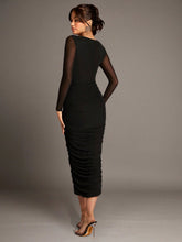 BAE Black V-Neck Red Three-Dimensional Floral Pleated Mesh Long-Sleeved Women's Dress